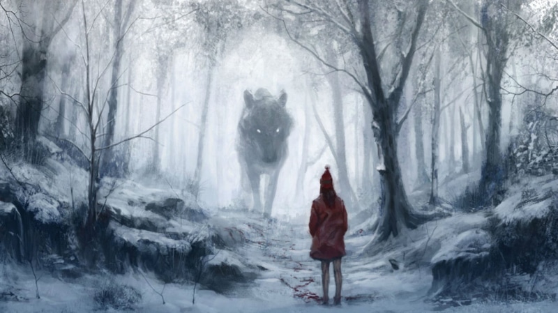 trees, illustration, red, giant, coat, hd, forest, hood, drawing, little, wolf, woman, fantasy, 720P, riding