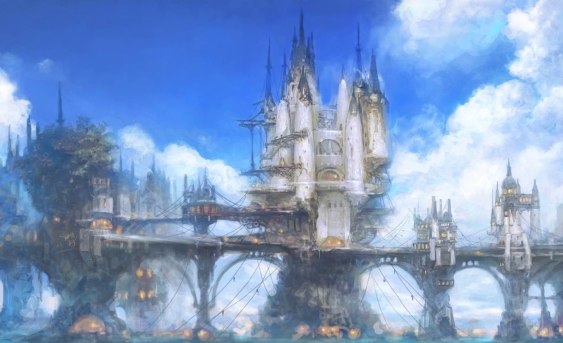 place of worship, nature, bridge, final fantasy 14, city, final fantasy xiv online artwork, tower, water, 1080P, building, transportation, textured effect