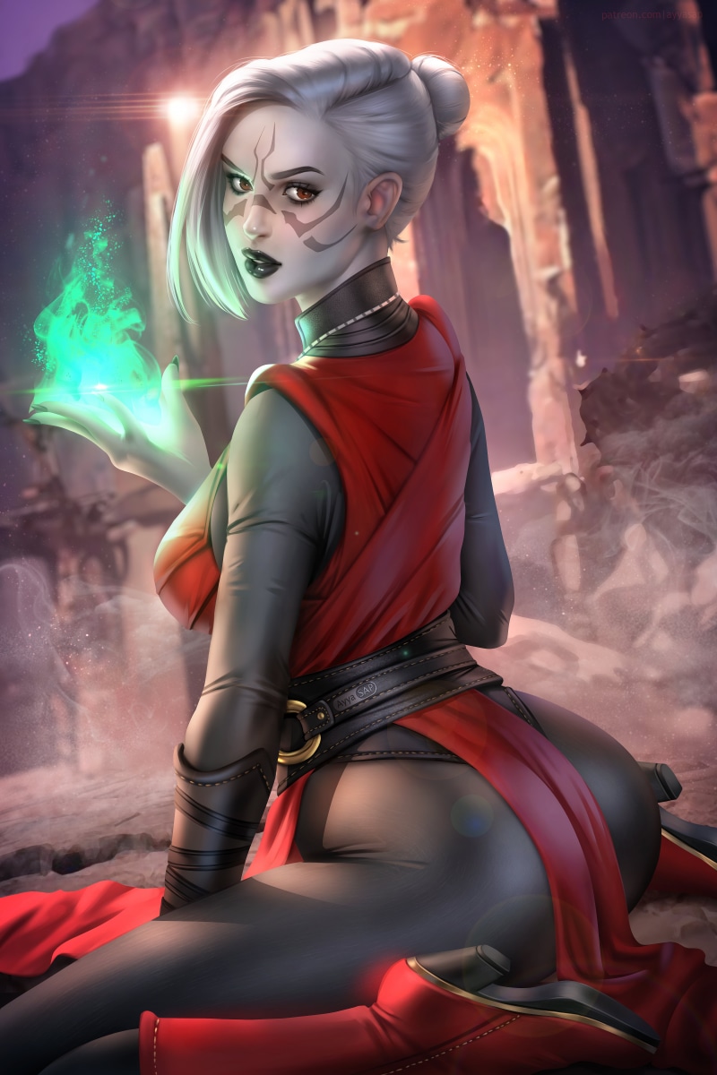 Jedi: Fallen Order, fantasy girl, Merrin (Star Wars), digital art, white skin, pants, boots, illustration, kneeling, looking at viewer, fantasy art, 5K