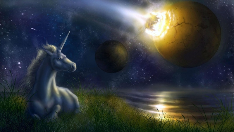 unicorn, fantasy, star, painting, 2560x1440, galaxy, moon, lake, watching, grass, planet, 2K