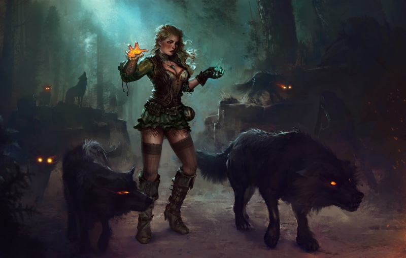 smoke - physical structure, domestic animals, holding, indoors, young women, digital, domestic, young adult, fantasy art, wolf, clothing, adult, magic
