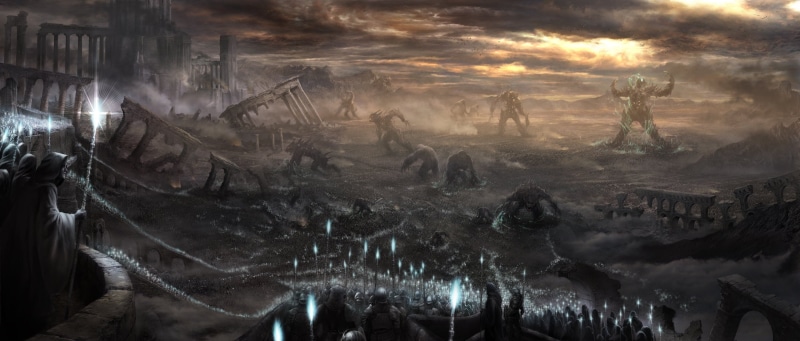 architecture, artwork, creature, rpg, smoke - physical structure, Magic, Fighting, destruction, industry, outdoors, monster, Demonzu, group of animals