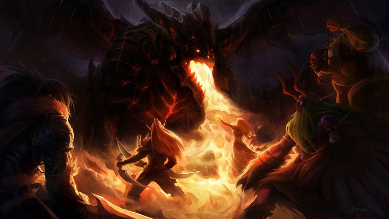 creatures, fire, battle, video, wow, dark, world, 1080P, fantasy, deathwing, dragon, weapons, warcraft, warrior, monster, flames
