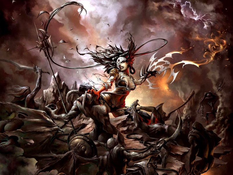 fantasy, sky, creatures, 720P, warriors, women, war, monsters, girls, violence, flames, clouds, fire, armor, evil, sword, magic, weapons, females, battle