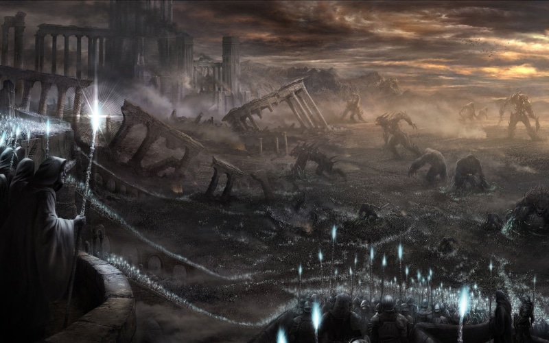 Magic, building exterior, water, rpg, 2560x1600 px, environment, mining, nature, fantasy, day, dust, Demonzu, monster, machinery, demon, 2K, demons, artwork