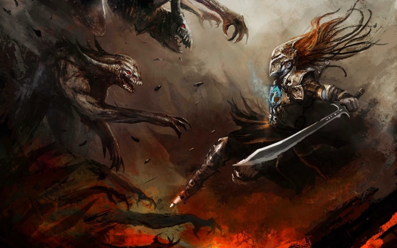 dark, paintings, monsters, evil, fire, demons, warriors, cloudminedesign deviantart com, digital artmweapons, scary, fantasy, battles, war, creatures, flames