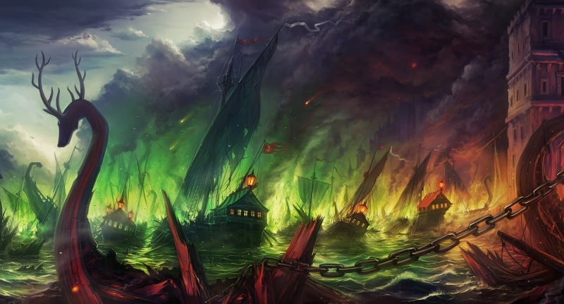 fire, battle, Ships, creature, fantasy, 1080P, destruction, castle, monster, cities, ocean, art, color, war, dragon, serpent, sea