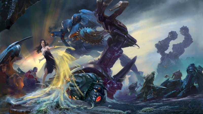 weapons, Robot, sorcerer, mech, fantasy art, soldiers, girl, battle, magic, warriors, magician, fantasy, war, 1080P, swords, artwork, concept art, armor