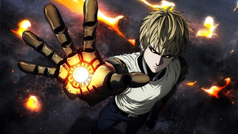 illustration, character, Genos (One-Punch Man), event, glowing, red, heat - Temperature, illuminated, lighting equipment, flame, celebration, Anime, night
