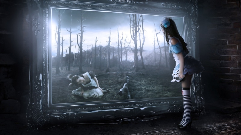 women, Gothic, Alice in Wonderland, digital art, 1080P, mirror, fantasy art, artwork, fantasy girl, painting, fairy tale, model, trees, spooky