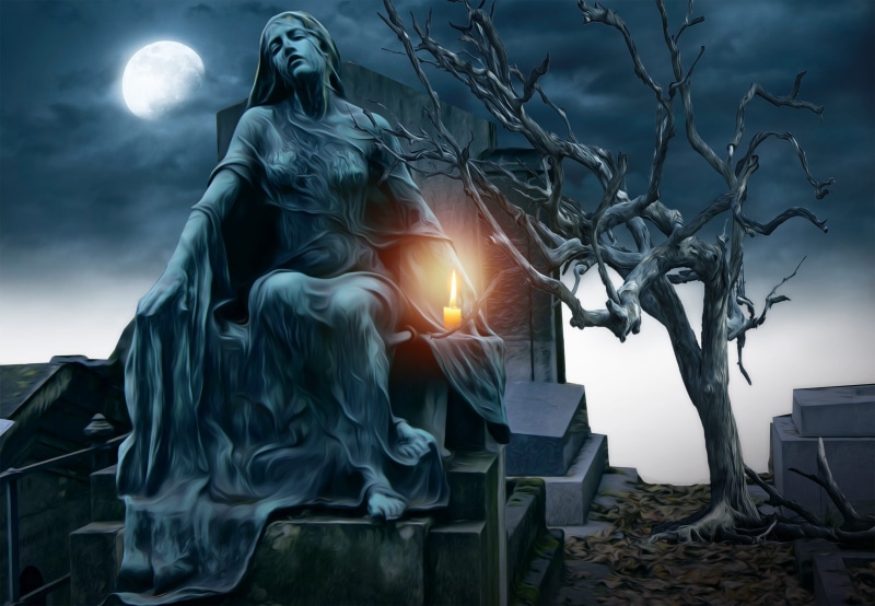 cemetary, dark, architecture, outdoors, cloud - sky, plant, spirituality, fantasy, candle, human representation, gothic, statue, 2K, day, digital composite
