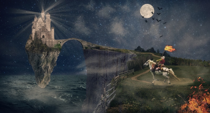 castle, transportation, mood, surreal, pets, herbivorous, sword, domestic animals, nature, knight, water, night, star - space, full moon, landscape, moon