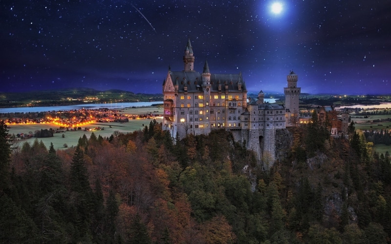 Night, Castle, 1080P, Germany, Trees, Lights, Moon