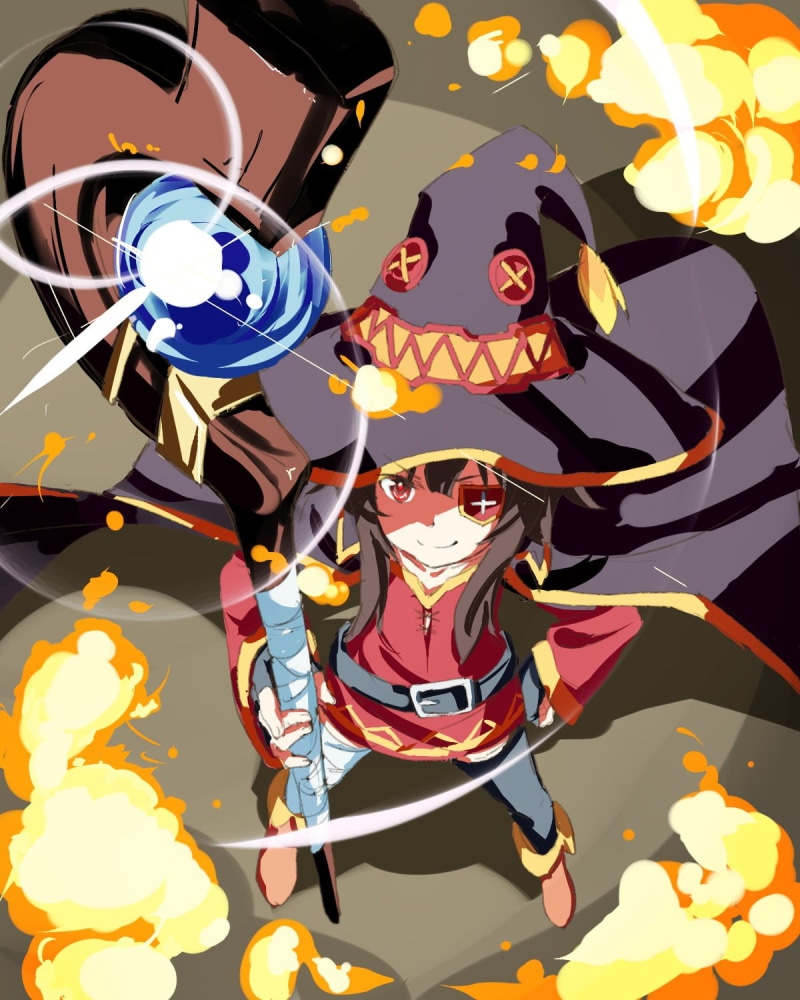 flame, 720P, digital, indoors, emotion, front view, nature, wand, communication, real people, illuminated, fire, Megumin, anime, holding, celebration