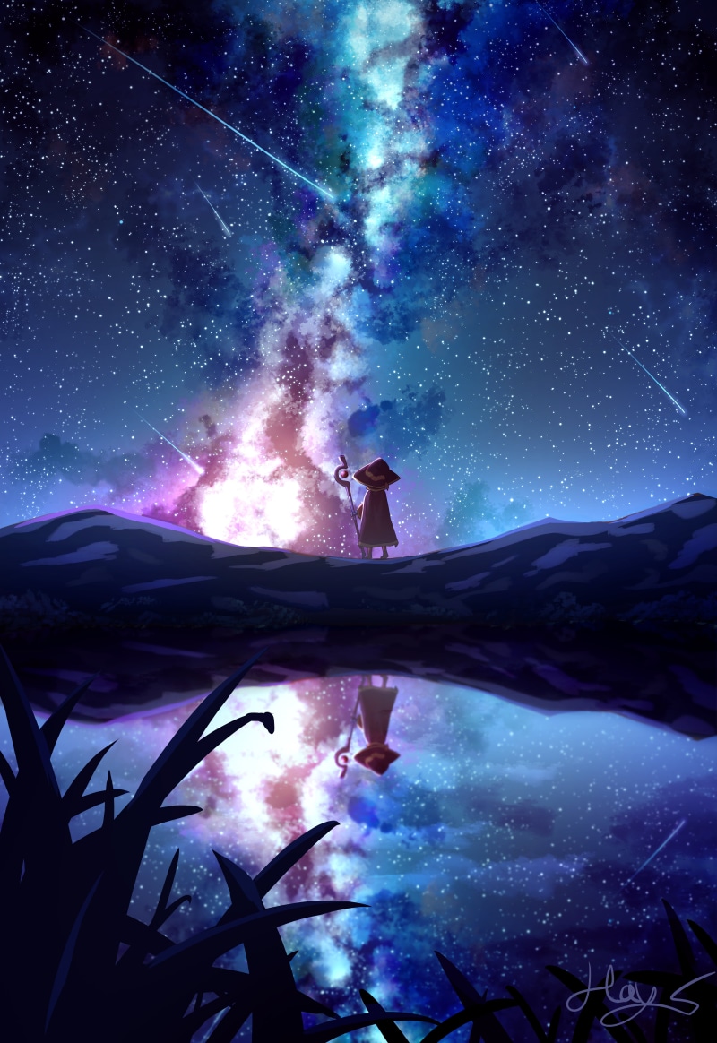 2D, short hair, Kono Subarashii Sekai ni Shukufuku wo!, starry night, anime girls, explosion, 5K, fan art, witch hat, Megumin