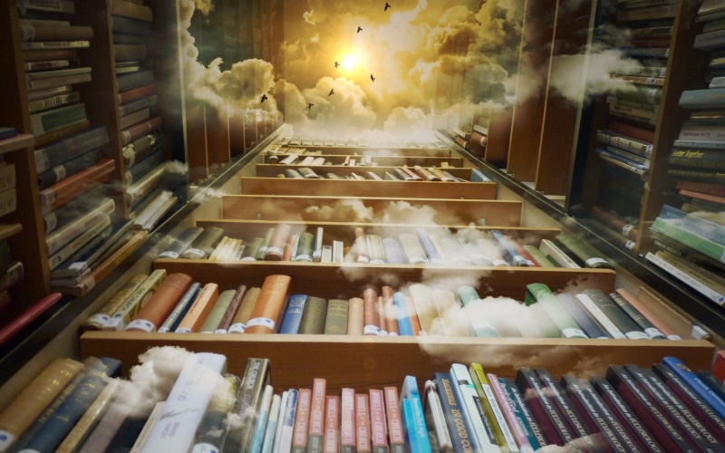 Library, transparent, full frame, Mystical, 1080P, arrangement, no people, order, education, retail, high angle view, Magical, day, Fantasy, publication