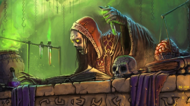 undead, magic, test tubes, wizard, sake, fantasy art, fantasy, 1080P, brain, artwork, poison, book, Sorcerer, weight scale