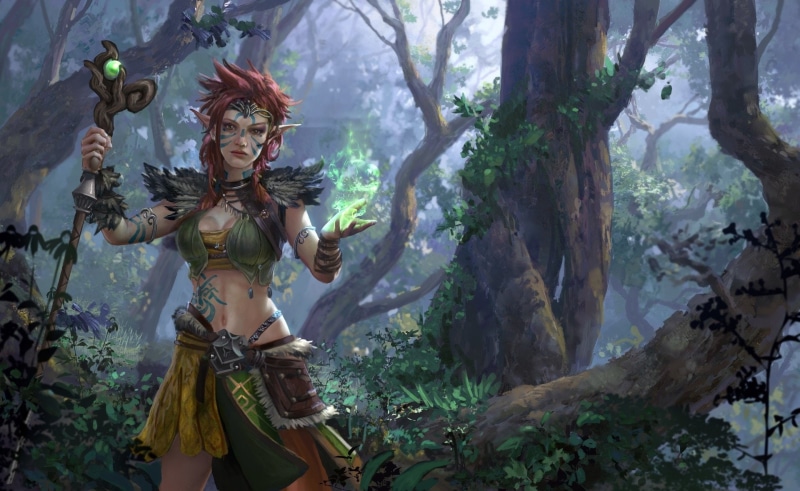 Magic, Staff, Elf, Sorceress, 1080P, Woman, Girl, Red Hair, Tattoo, Fantasy