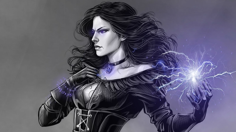 magic, sorceress, fantasy art, Yennefer, simple background, 1080P, dark hair, Yennefer of Vengerberg, fantasy girl, necklace
