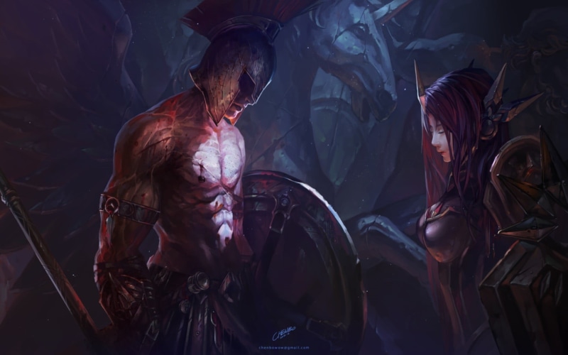 occupation, waist up, Leona, digital art, 720P, Pantheon (League of Legends), video games, holding, front view, soldier, unrecognizable person, clothing