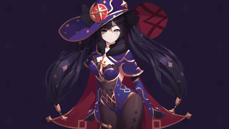 anime girls, Genshin Impact, witch hat, green eyes, Mona (Genshin Impact), purple background, 4K, twintails