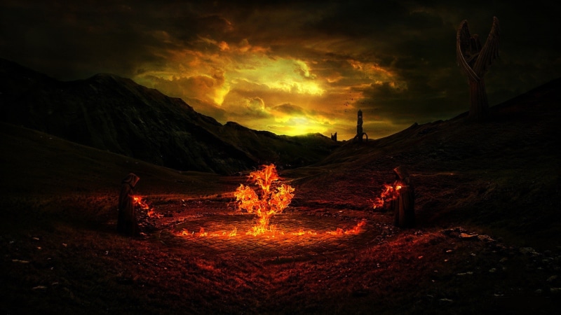 God, sky, magic, druids, fantasy art, dark, fire, occult, 1080P, artwork