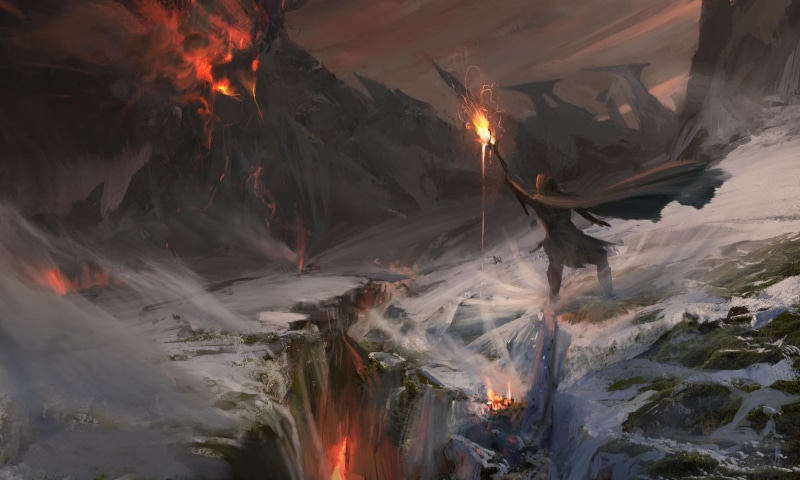 geology, mountain, motion, water, wizard, fire, fire - natural phenomenon, environment, fantasy art, 1080P, heat - temperature, flame, volcano, scenics - nature