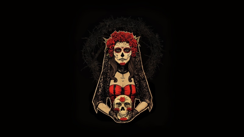 minimalism, 1080P, artwork, simple background, women, Dia de los Muertos, skull, redhead