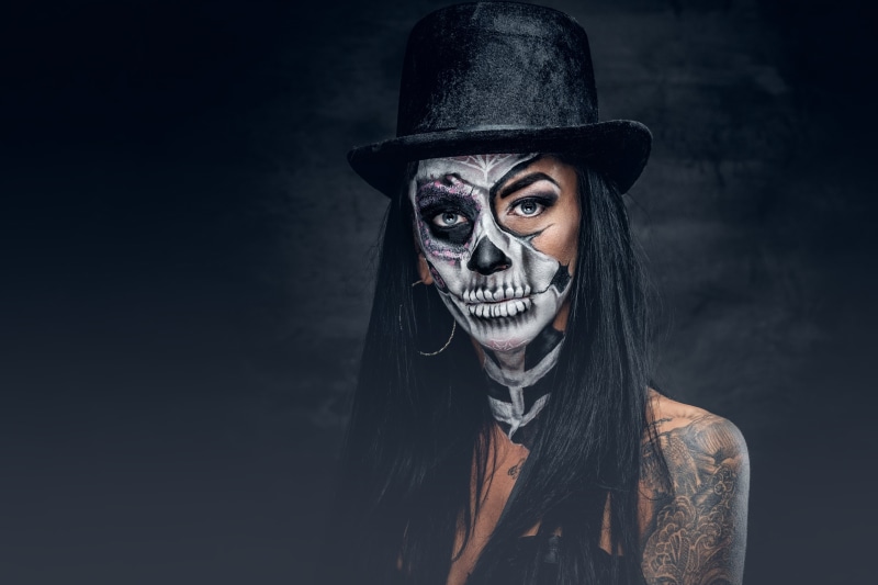 tattoo, simple background, hat, model, 4K, makeup, long hair, skull, Dia de los Muertos, women, face