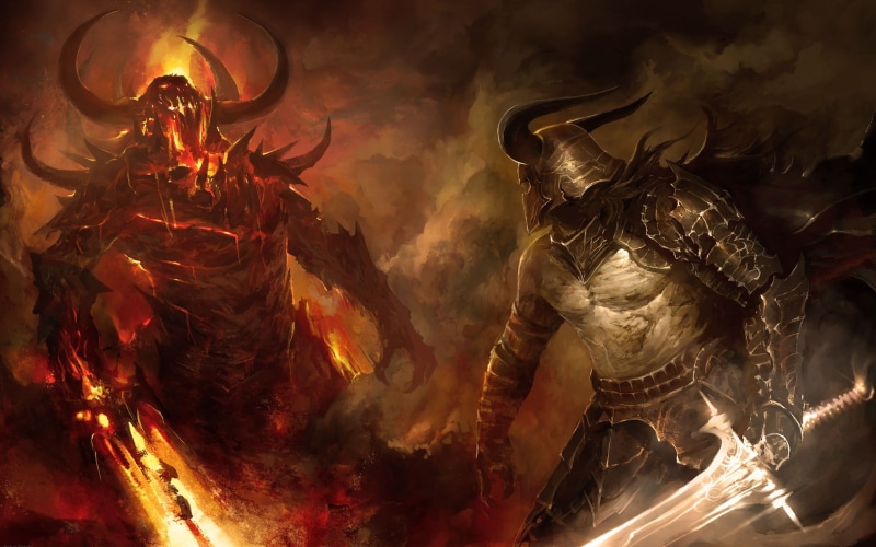 artwork, swords, weapons, hd, fantasy, horns, helmet, Fire, warriors, x, armor, abstract, demons, art, 2K