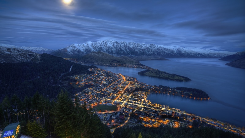night, winter, lake wakatipu, new zealand, moonlight, aerial photography, snow, mountain, 4K, nature, sky, queenstown, aerial view, lake