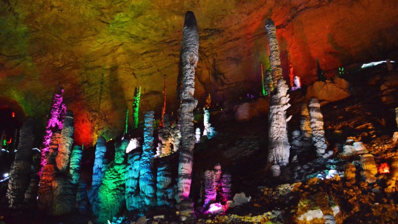 spirituality, zhangjiajie, rock, beauty in nature, outdoors, tree, formation, day, lights, cave, low angle view, 4K, architecture, religion, creativity