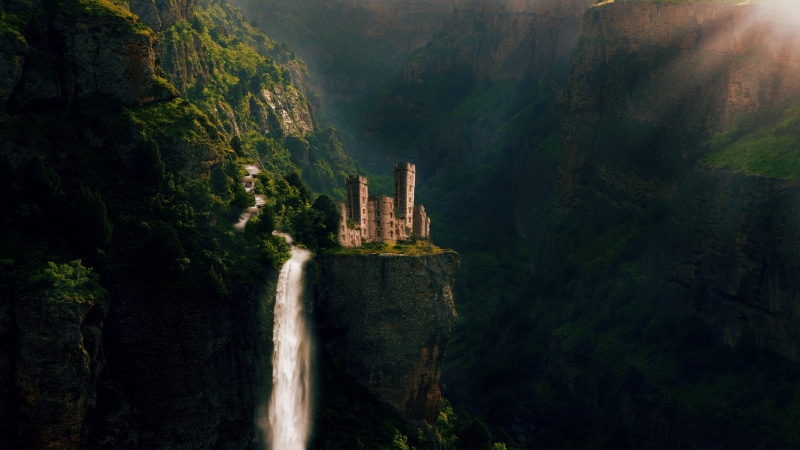 waterfall, mountain, fairy, castle, meteora, hunan Province, cliff, history, ancient, outdoors, national Landmark, building exterior, illustration, fog