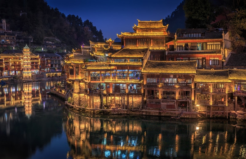 trees, Hunan Province, home, China, night, river, 2K, lights