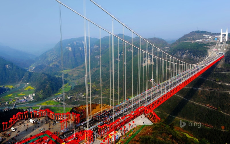 1080P, China, Hunan province, bridge, forest, Aizhai Bridge, the sky, mountains, river