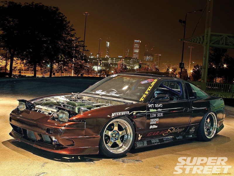 mode of transportation, 240sx, built structure, Nissan, skyscraper, land vehicle, city, city life, street light, road, night, outdoors, JDM, no people