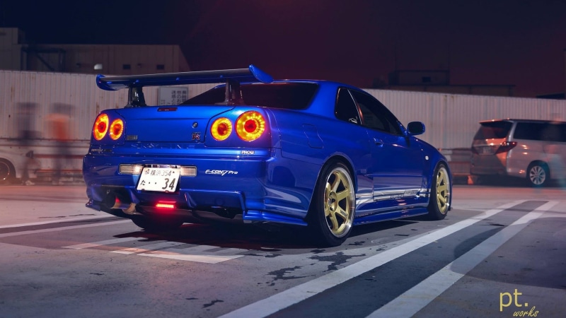 blue cars, night, 1080P, JDM, Nissan Skyline GT-R, Nissan, Japanese cars, Nissan Skyline GT-R R34, sports car