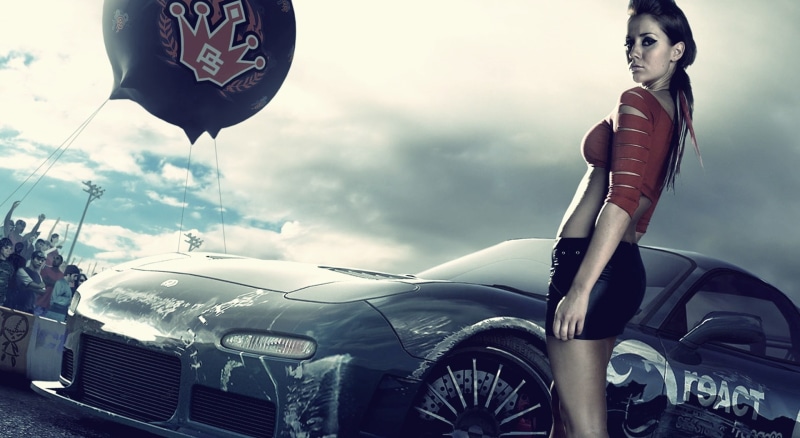 land vehicle, females, street, coupe, need, men, adult, wheel, car, cloud - sky, illustration, speed, motor vehicle, black, 1080P, standing, nfs pro street