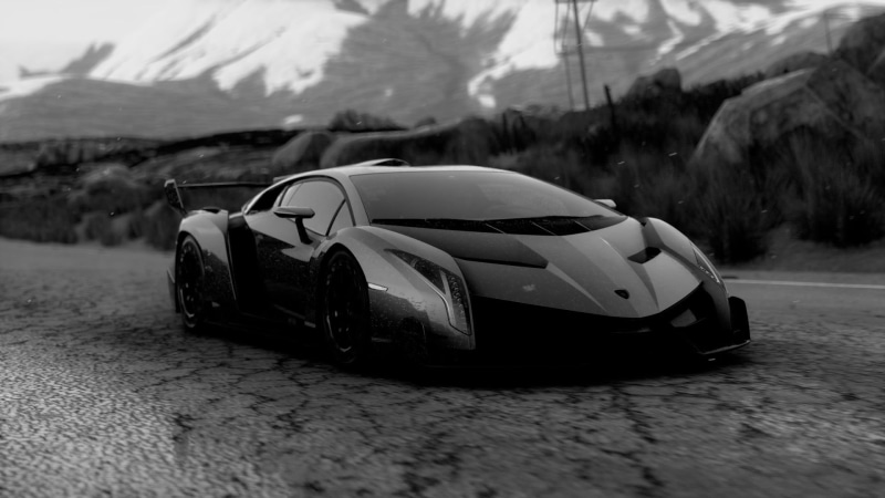 sports car, asphalt, wealth, motor vehicle, toy, day, focus on foreground, outdoors, land vehicle, Lamborghini Veneno, black, road, nature, luxury, city