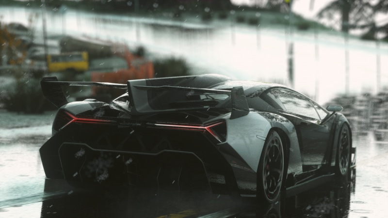 car, mode of transportation, toy, street, Lamborghini, rain, toy car, city, no people, Driveclub, 1080P, Lamborghini Veneno, video games, focus on foreground