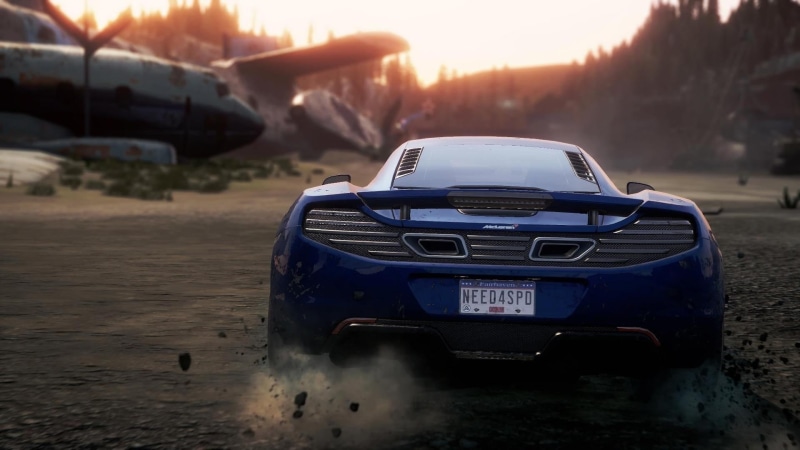 land vehicle, outdoors, focus on foreground, sunset, day, road, sky, water, Need for Speed, car, mode of transportation, motion, blue, 1080P, travel, close-up