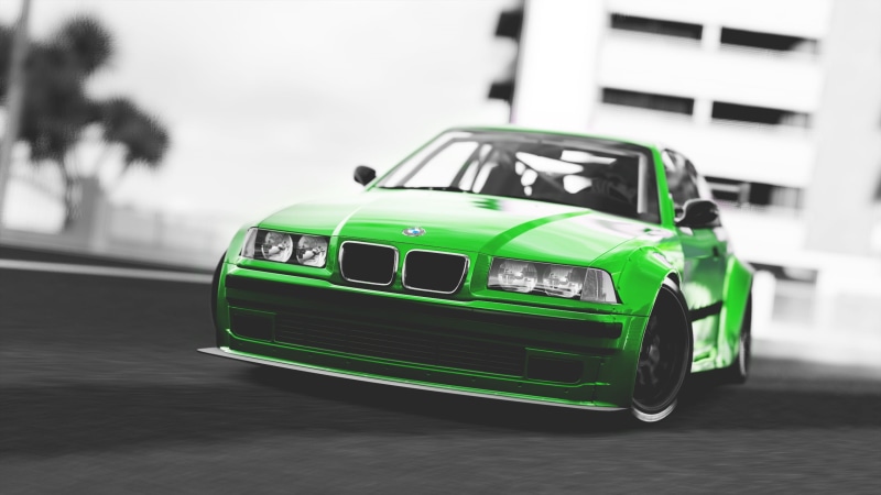 forza horizon 3, no people, Drifting, outdoors, city, video games, green color, Rocket Bunny, close-up, motor vehicle, 2K, toy, day, speed, vintage car