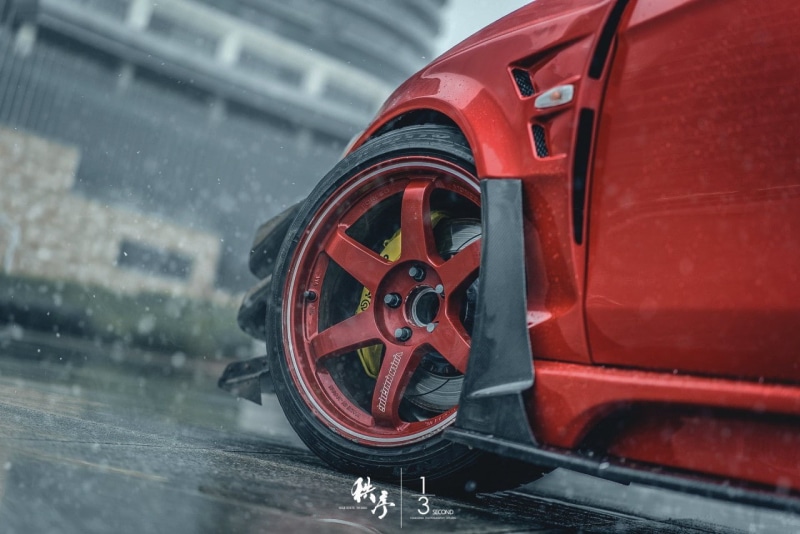 car, 720P, JDM, Brembo, rain, water drops, VOLK RACING, red, tuning, Mitsubishi Lancer Evo X