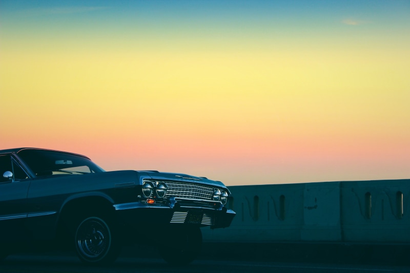5K, sunset, transportation, yellow, mode of transportation, sunlight, sky, low rider, copy space, beauty in nature, calm, automotive, vintage, hour, silhouette