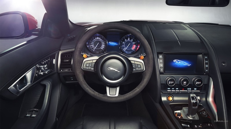Jaguar F-Type, Jaguar (car), steering wheel, dashboard, indoors, silver, car interior, car, vehicle interior, push button, technology, 1080P, land vehicle