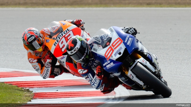 sunlight, sport, clothing, mode of transportation, people, competition, safety, security, Marc Marquez, Jorge Lorenzo, transportation, outdoors, motorcycle