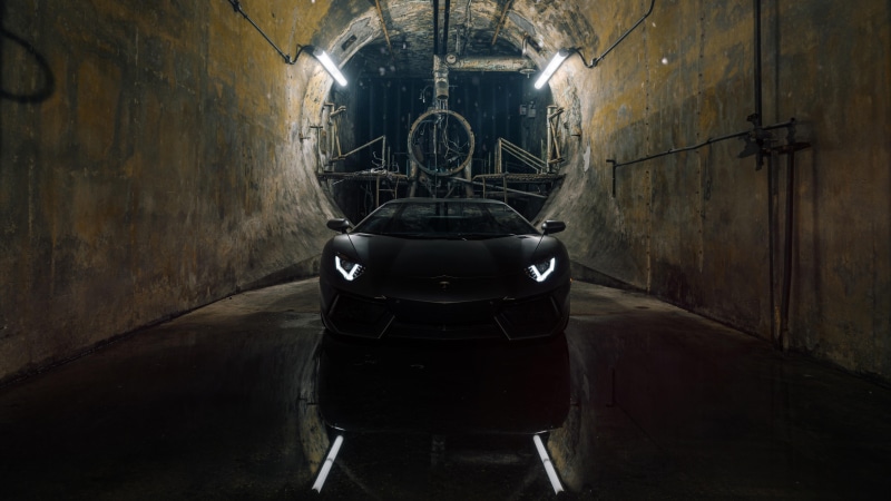 tunnel, supercar, 5K, lamborghini aventador, reflection, black car, darkness, lamborghini, light