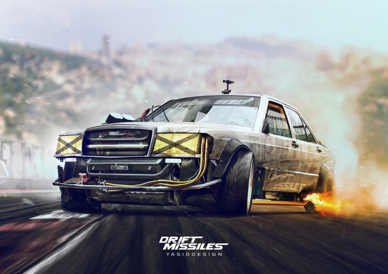 taped headlights, drift, render, YASIDDESIGN, artwork, tuning, Drift missile, 720P, yellow headlights, Mercedes W202, car