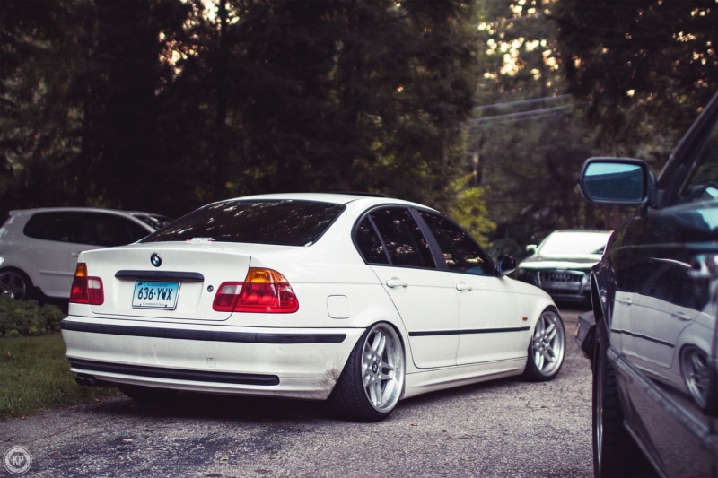 day, stationary, retro styled, white color, lowered, BMW M3 E46, mode of transportation, German cars, Stance, focus on foreground, car, street, BMW, city