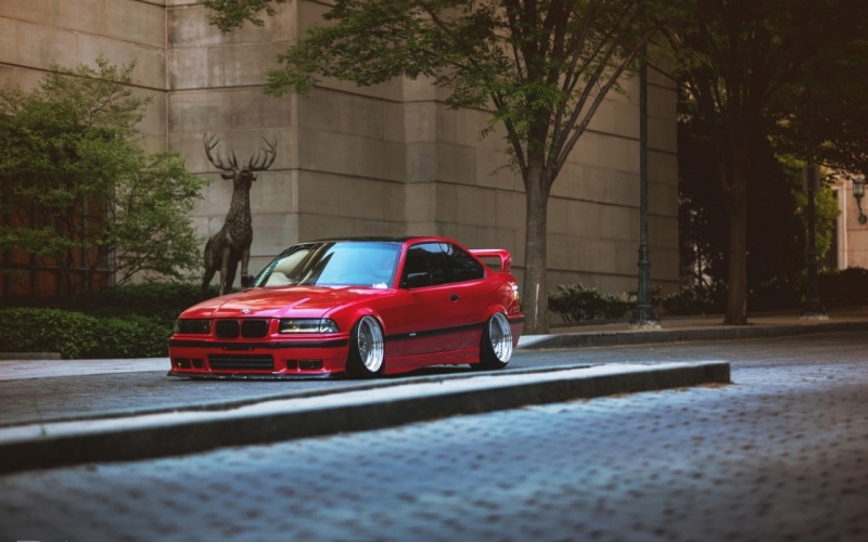 Tuning, 720P, Stance, bmw, Lowered, Hellaflush, sculpture, BMW E36, car, street, German Cars, Trees, Yellow Headlights